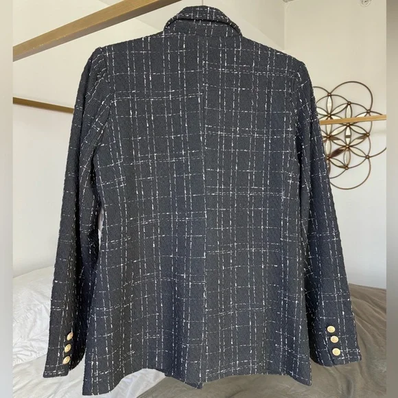 NWT Ellen Tracy Boucl Blazer Black & White Gold Button Mob Wife Tweed  Jacket M